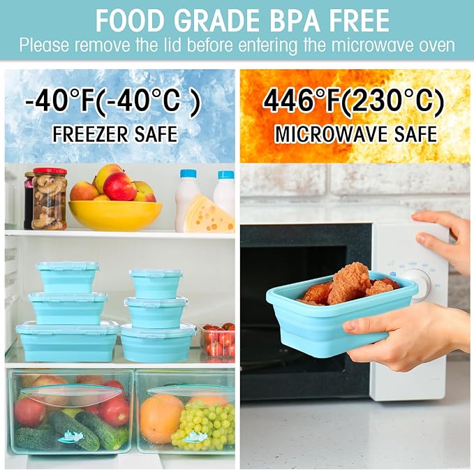 Yaomiao 16 Pack Collapsible Food Storage Containers with Lid Air Vent Foldable 8 Rectangle Storage Bowl and 8 Round Silicone Food Bow for Lunch Camping Rv Accessories Microwave Freezer(Blue) - Image 4