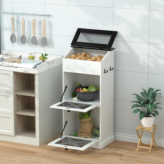 Wooden Potato and Onion Storage Bin w/Lid, Large Capacity and Ventilated Design, Ideal for Pantry, Kitchen White by suntage