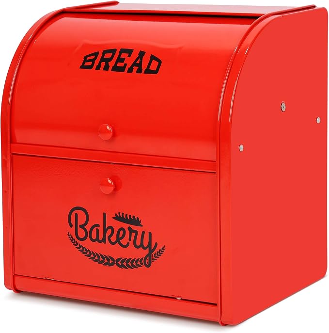 Widousy 2 Layer Metal Bread Boxes, Bread Box Storage Bin Kitchen Container with Roll Top Lid Iron Countertop Containers Metal Food Storage Bread Keeper Large Capacity Home Kitchen Counter（Red） by Widousy