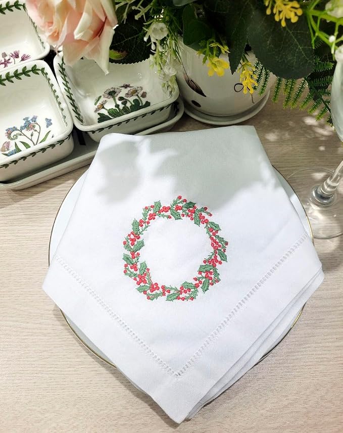 Embroidered Cotton Napkins Christmas 20x20 (Holly & Red Berries Wreath) - Image 3