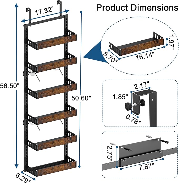 BUKFEN 6-Tier Over the Door Pantry Organizer, Adjustable Basket Spice Rack | 2-IN-1 Door & Wall Mounted, Heavy Duty Metal Storage Shelf,12 Hooks, Back of Door Organizer for Kitchen, Bathroom, Closet - Image 8