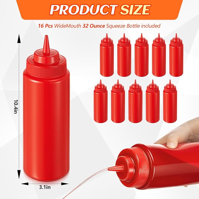16 Pcs 32 oz Squeeze Bottle Large Plastic Wide Mouth Squeeze Bottles for Condiment Sauces Chocolate Ketchup Mustard BBQ Grill Restaurant (Red) - Image 2