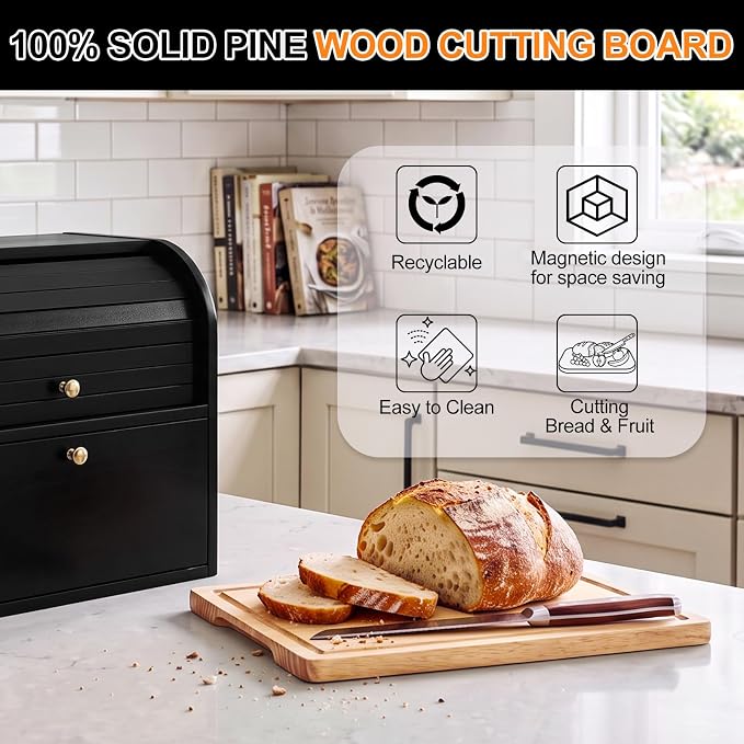 Alpeir Roll Top Bread Box with Cutting Board for Kitchen Countertop, Black | Large Breadbox with Ventilation Holes, Double Layer Pantry Shelf, Wooden Homemade Bread Storage Container, Vintage Farmhouse - Image 6
