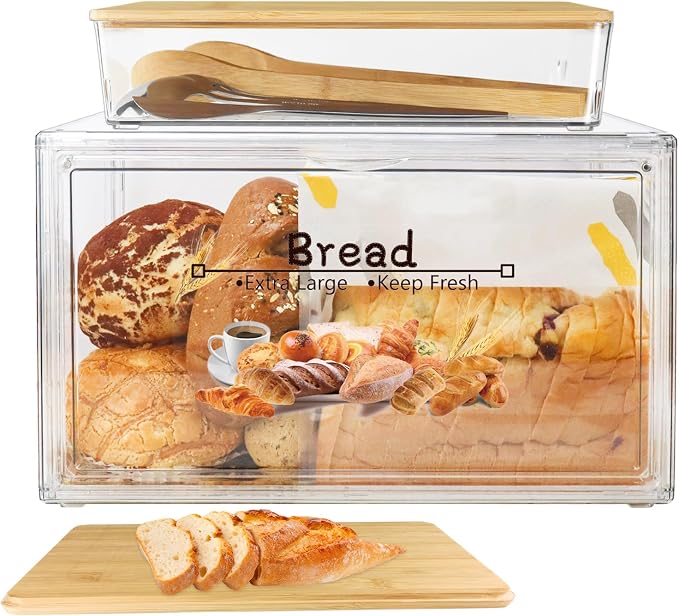 RISICULIS Large Bread Box for Kitchen Countertop, Bread Storage Container, and Utensil Organizer with Bamboo Cutting Board Lid, Clear Bin, Keeper for Homemade Bagel, Muffins, Rolls by RISICULIS