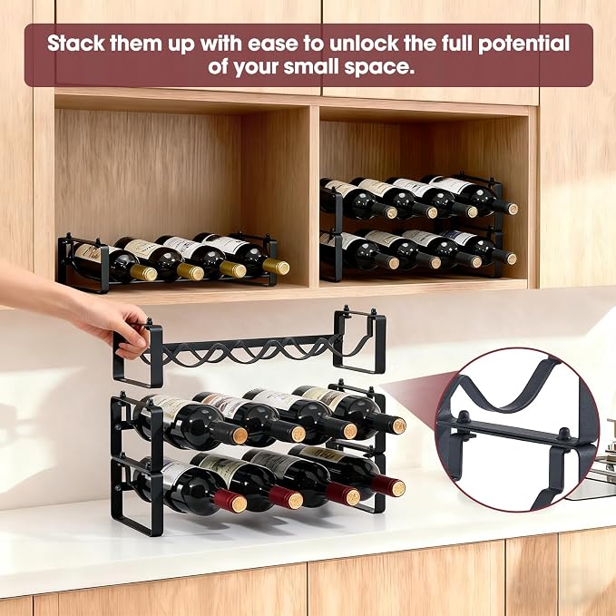 Stackable Countertop Wine Rack, 12 Wine Bottles Holder for Inside Cabinet | ICOHOT Small Tabletop Wine Holder Stand for Pantry Bar, 3-Tier Angle Adjustable Wine Bottle Rack for Tight Spaces - Image 6