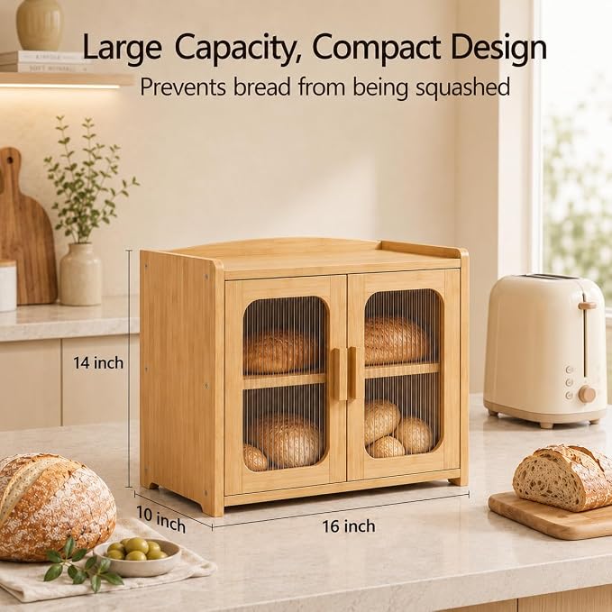 Bread Box for Kitchen Countertop, Large Capacity Wooden Bread Box, Fluted Acrylic Window Farmhouse Bread Storage, 2 Tier Corner Bread Box for Homemade Bread & Sourdough Bread, Natural Bamboo - Image 5