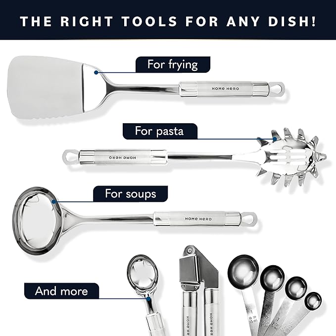 Home Hero 54-Piece Stainless Steel Kitchen Utensils Set - Heat-Resistant Nonstick Silicone & Stainless Steel Cooking Utensils - Complete Tools with Slotted Spoon & Pasta Spoon - Pack of 54, Silver | Heat-Resistant Stainless Steel Kitchen Utensil Set - ... - Image 4