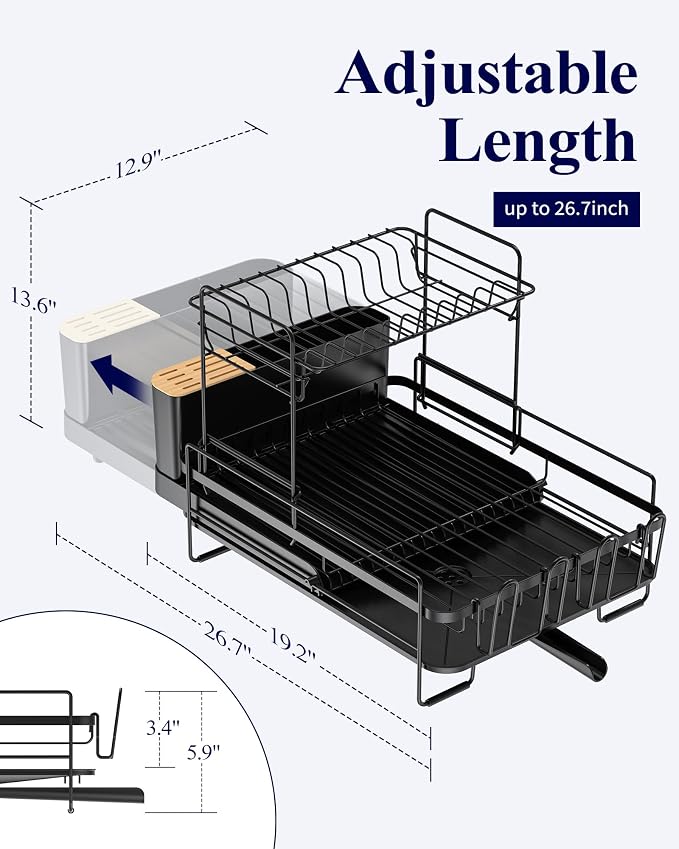 Kitsure Extendable Dish Drying Rack, 19.2"-26.7" L x 12.9" W, 2-Tier | Large Dish Rack, Multifunctional Dish Rack for Kitchen Counter, Anti-Rust Dish Drainers with Cutlery & Cup Holders, Black - Image 2