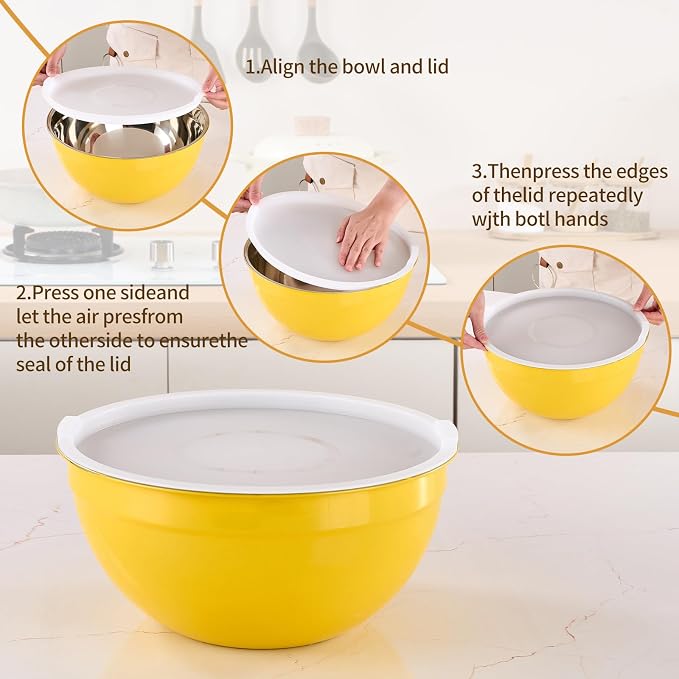 Yellow Mixing Bowls with Airtight Lids, Stainless Steel Nesting Mixing Bowls Set of 7, Ideal for Baking, Prepping and Serving Food, Size 7, 3.6, 2.7, 2.1, 1.5, 1.1,0.8 QT, Stackable Design - Image 3