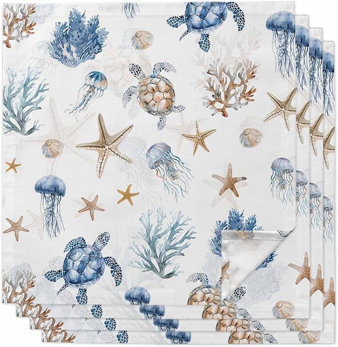 Coastal Turtle Cloth Napkins Set of 4 - Blue Ocean Starfish Seaweed Coral Jellyfish Washable Dinner Napkins Reusable Table Napkins for Party Weeding Dining Table Setting Decoration,Oversized 20"x20" by Unknown