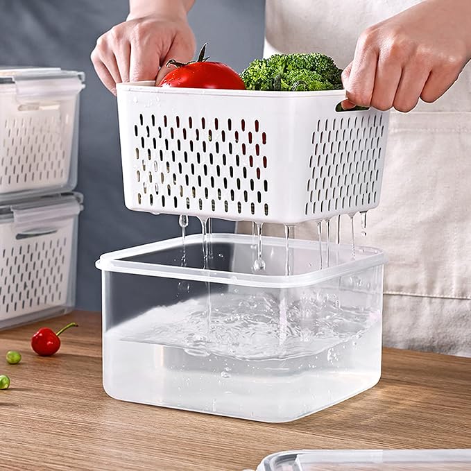 3Pack Fridge Food Storage Container Set with Lids with Strainer,Plastic Fresh Produce Saver Vegetable Fruit Meat Storage Organization, BPA-Free Plastic Produce Keepers(3.15L+1.7L+0.8L) - Image 3