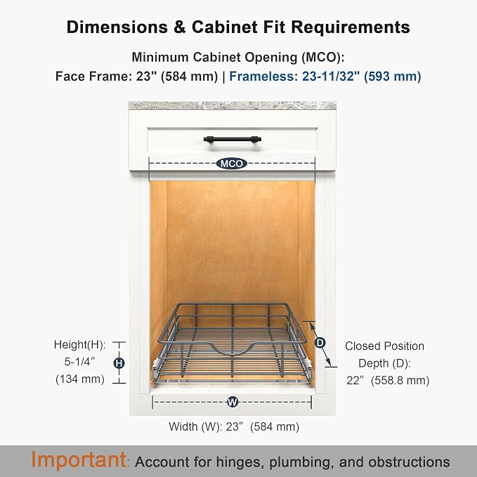 Pull Out Shelves - 23" W x 22" D Soft Close Pull Out Cabinet Organizer 1 Tier - Sliding Shelves with Shelf Liner - Heavy Duty Steel Wire Drawers for Kitchen Cabinets, Pantry, Bathroom - Image 2