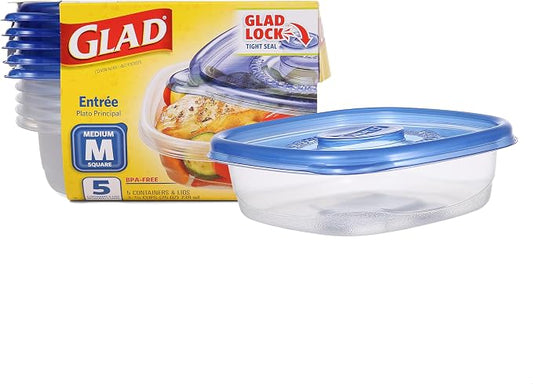 GladWare Entree Food Storage Containers, Medium Square Holds 25 Ounces of Food, 5 Count Set | Tupperware, Plastic Food Container, Meal Prep Container, Plastic Containers with Lids by GladTrashFoodStorage