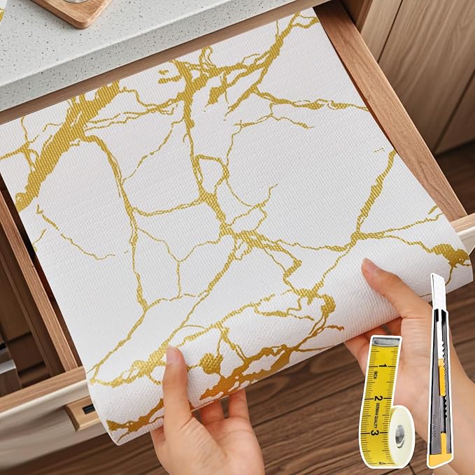 Drawer and Shelf Liner for Kitchen Cabinet Non Slip Waterproof | Shelf Paper 17 in X 30 Ft Non Adhesive Refrigerator Liners Gold White Marble Easy Liners for Bathroom Cupboard - Image 9