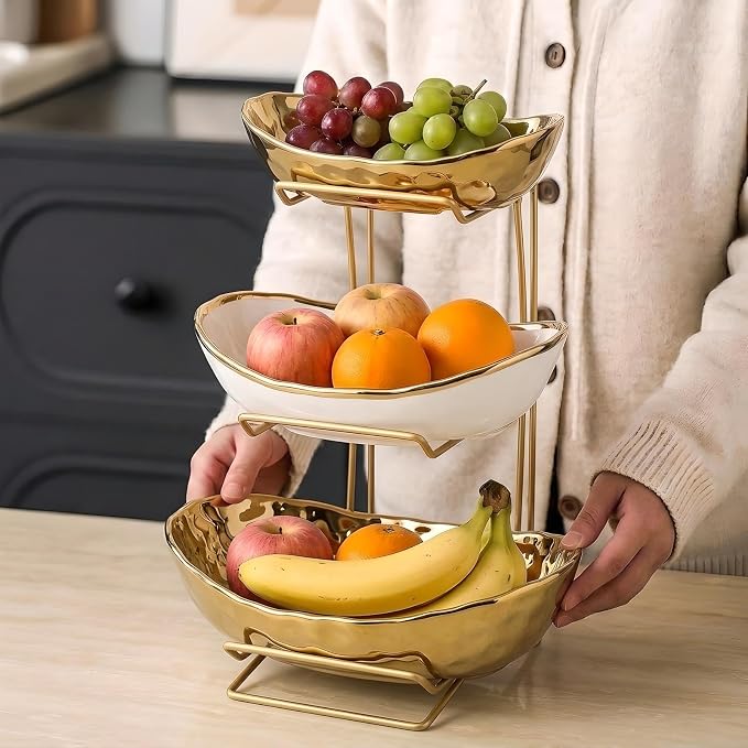 3-Tier Gold Fruit Bowl & Tray with Metal Stand - Ceramic White, Triple Layer for Snacks, Nuts, Bread & Candy Storage - Image 3