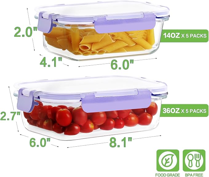 HOMBERKING 10-Pack Glass Meal Prep Containers, 36 oz/14 oz, Locking Lid Set | Borosilicate Glass Food Storage Containers Set, Airtight Lunch Bento Boxes, BPA-Free, Dishwasher Freezer, Oven Safe-Purple - Image 2