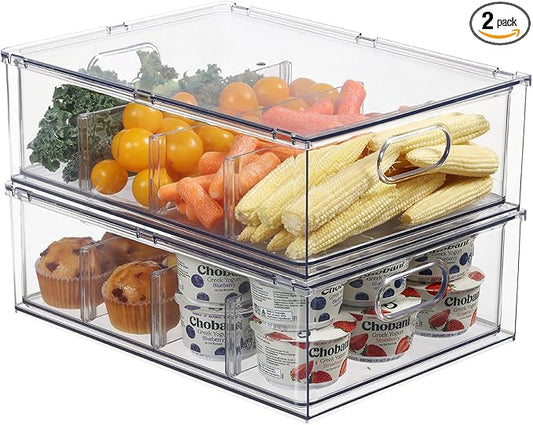 Fridge Organizers and Storage Pull Out Drawer, 2 Large | Dividers, Stackable, Clear, Fruit and Veggies Containers, for Kitchen, Cabinet by Bronkeeper