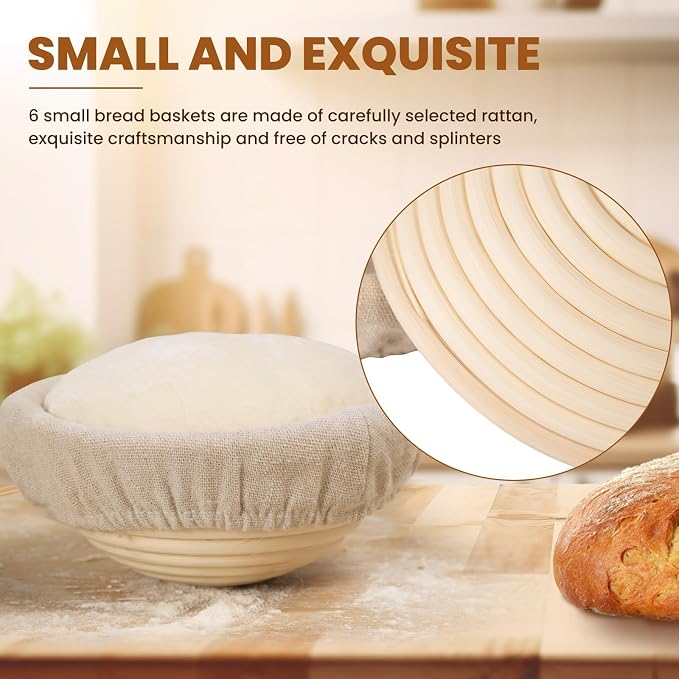 5 Inch Banneton Bread Proofing Basket Set of 6, Kikcoin Mini Sourdough Bread Baking Supplies, Small Banneton Basket Proofing Baskets for Sourdough Bread Baking - Image 3