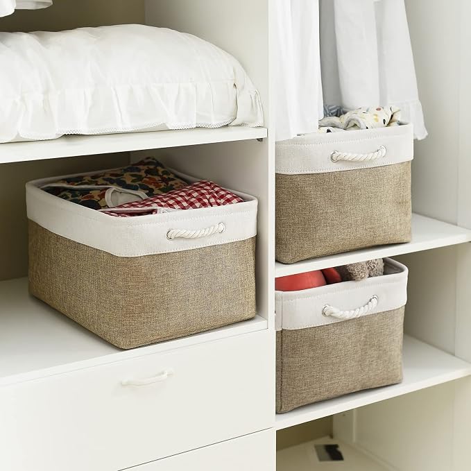 Organization and Storage Basket for Organizing - X Large - 3 Pack 17.7L×13.8W×9.8H in Collapsible Storage Bin for Shelves, Fabric Basket for Gifts Organizer Toy Closet (White & Khaki) - Image 3