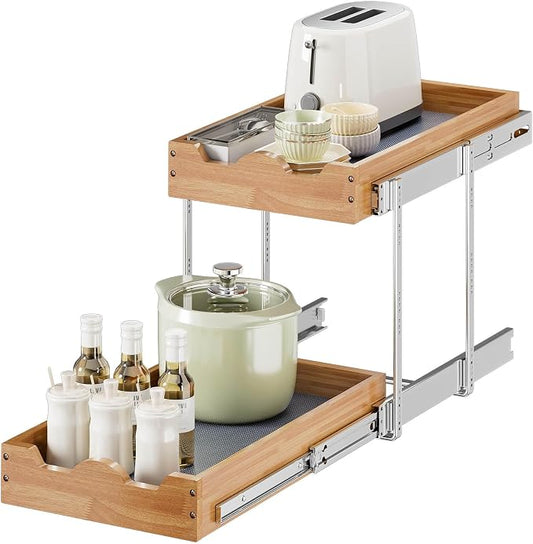 OCG 2 Tier Pull Out Drawers For Cabinets, Double Tier Slide out Wood Cabinet Organizer, Pull Out Shelves for Base Cabinet Organization in Kitchen, Pantry, Bathroom by OCG