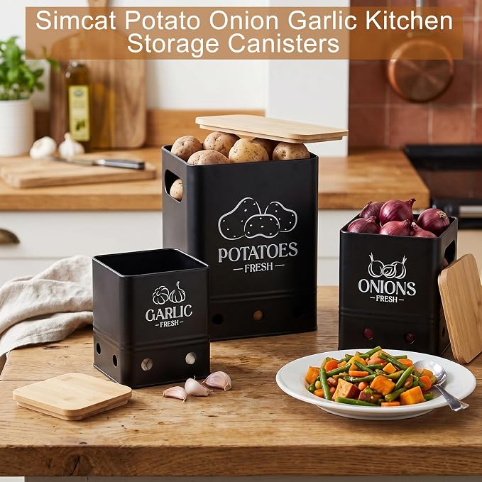 Kitchen Vegetable Storage Tins Set Of 3, Potato Onion Garlic Canisters | Storing potatoes, onions, and garlic. Features aerating holes to keep vegetables fresh and wooden lids(Black 1) - Image 2
