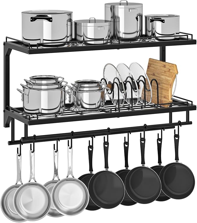 Pot Rack, Wall Mounted Pan Holder, 2-Tier Pot and Pan Organizer, Pot Hanger with 10 S-Shaped Hooks, Cookware Organizer with 5 Removable Metal Wire Dividers, Black TPR35BB by Choezon