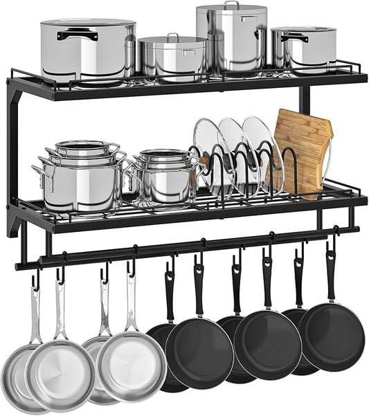Pot Rack, Wall Mounted Pan Holder, 2-Tier Pot and Pan Organizer, Pot Hanger with 10 S-Shaped Hooks, Cookware Organizer with 5 Removable Metal Wire Dividers, Black TPR35BB by Choezon