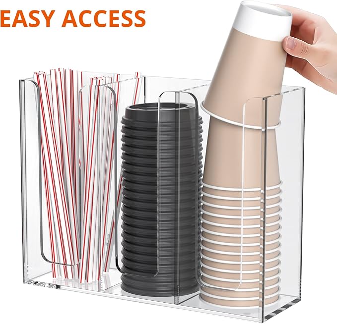 Richboom Acrylic Coffee Cup and Lid Storage Organizer Holder, 3 Compartments, Clear - Image 5