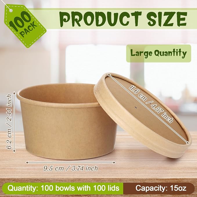 Fulmoon 100 Pack Paper Soup Containers with Lids Disposable Paper Food Containers with Vented Lid Kraft Ice Cream Cake Dessert Cups Soup Bowl for Party Hot Food Fruit Microwave(15 oz,Brown) - Image 2