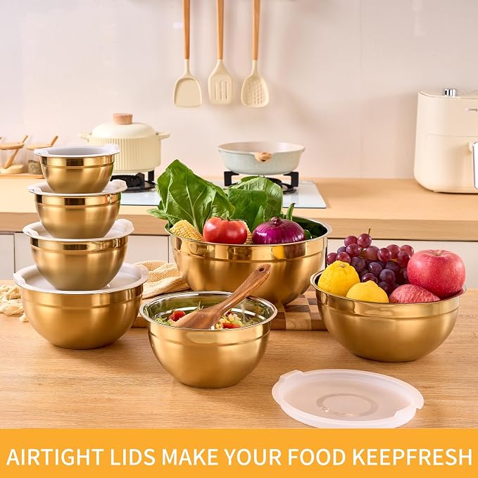 Gold Mixing Bowls With Airtight Lids,Stainless Steel Bowl,Salad Bowls 7 Piece Colorful Nesting Bowl Gold Kitchen Accessories,Size 7,3.6,2.7,2.1,1.5,1.1,0.8QT Stackable Design - Image 6