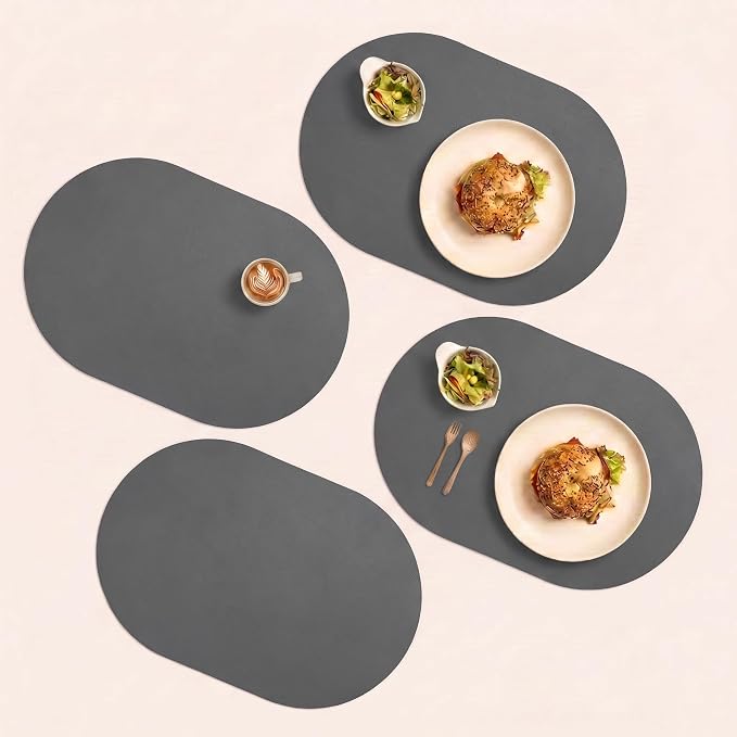 Grey Oval Silicone Placemats Set of 4 – Heat Resistant, Waterproof, Easy to Clean Non-Slip Modern Dining Table Mats – Premium Leather Textured Japandi Kitchen Decor by Unknown