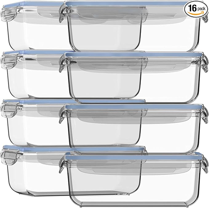 Razab 16 Pc (Set of 8) 30 Oz Glass Meal Prep Containers with Lids, Airtight Large Glass Food Storage Containers, Reusable Leak Proof BPA Free, Freezer to Oven and Dishwasher Safe by RazabHomeGoods
