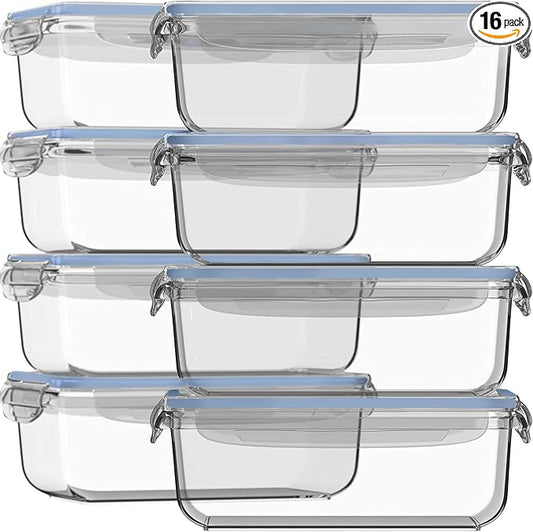 Razab 16 Pc (Set of 8) 30 Oz Glass Meal Prep Containers with Lids, Airtight Large Glass Food Storage Containers, Reusable Leak Proof BPA Free, Freezer to Oven and Dishwasher Safe by RazabHomeGoods