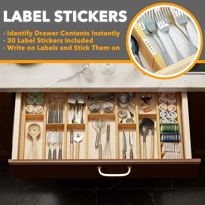 SpaceAid Bamboo Drawer Dividers with Inserts and Labels, Kitchen Adjustable Drawer Organizers, Expandable Organization for Home, Office, Dressers, 10 Dividers with 24 Inserts (17"-22" Natural) - Image 3