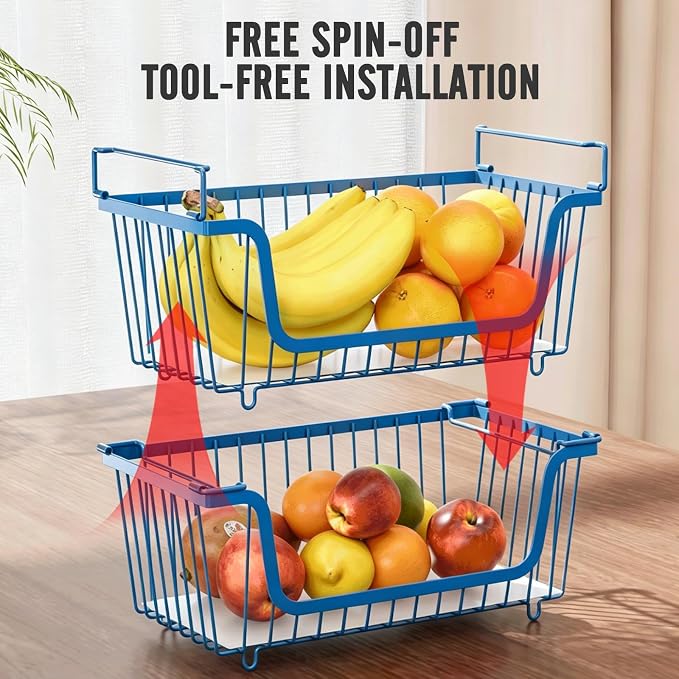 4 Pcs Stackable Wire Baskets for Pantry Organizers and Storage,blue, | Vegetable Fruit Basket for Countertop,Kitchen Storage Metal Baskets,Produce Potato Onion Storage Bin, - Image 8