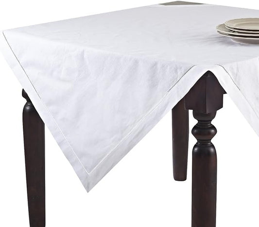 SARO LIFESTYLE Hemstitched Tablecloth - Linen Blend Tablecloth for Weddings, Holiday Dining, Dinner Parties & Everyday Table Décor, 54"x54", White by SaroLifestyle