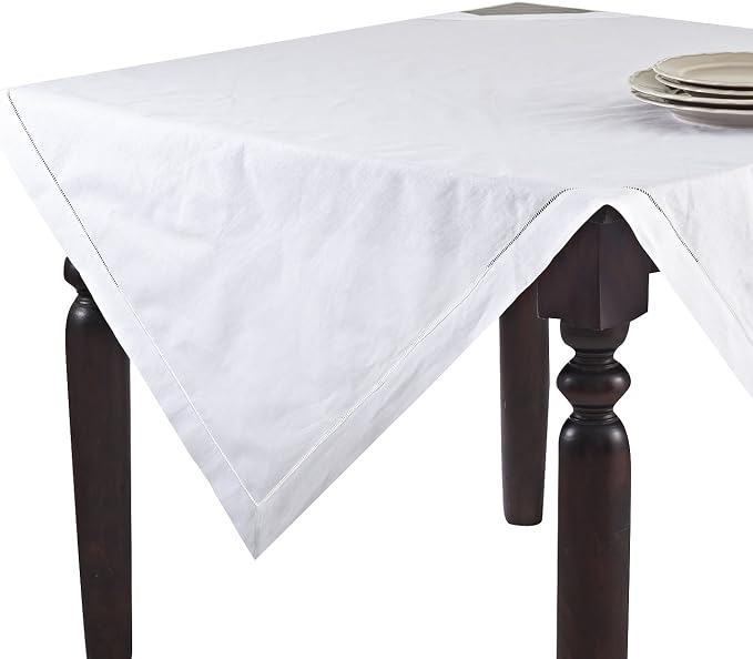 SARO LIFESTYLE Hemstitched Tablecloth - Linen Blend Tablecloth for Weddings, Holiday Dining, Dinner Parties & Everyday Table Décor, 45"x45", White by SaroLifestyle