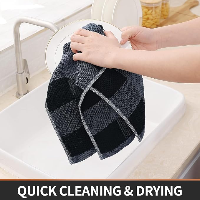 Homaxy Kitchen Towels and Dishcloths Set, Set of 10, Black & Grey | Bulk Cotton Waffle Weave Check Plaid Kitchen Towels, Super Soft and Absorbent Dish Cloths, 12 x 12 and 13 x 28 Inches - Image 4
