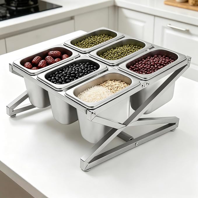 Pizza Topping Station Condiment Container Food Prep Ingredients Holder | Stainless Steel Organizer Container Set Spice Rack with 6 Pans& Lids for Kitchen Restaurants Buffes - Image 4