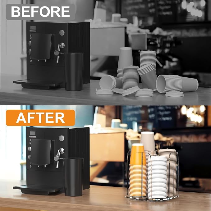 Beego Rotatable 4-Compartment Acrylic Cup Dispenser - Coffee Station Cup and Lid Carousel Countertop Plastic Cup Holder for Restaurant Breakroom Coffee Bar - Image 6