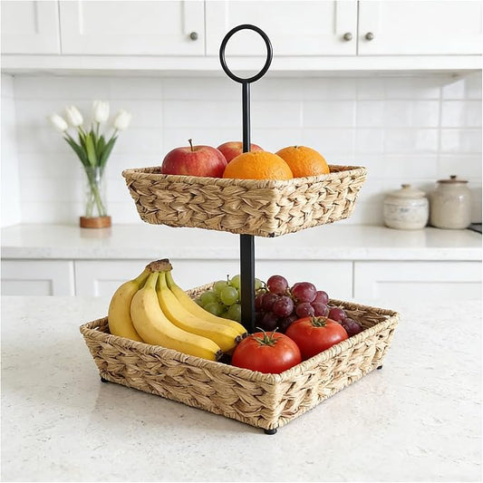 2 Tier Wire Fruit Basket with Rattan | Square Metal Standing Baskets| Handwoven Fruit and Vegetable Storage Organizer |Stackable Candy Organizer|Multi-Function Snack Rack&Shelf for Chips by LihouPapaQ