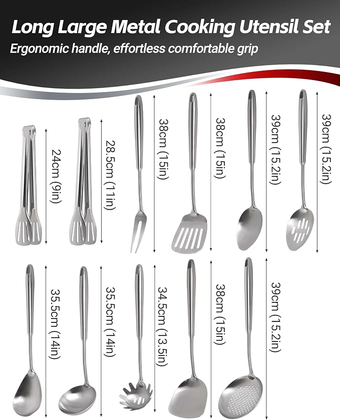 304 Stainless Steel Kitchen Utensils Set, 11PCS All Metal Cooking Tools Set with Tongs, Turner, Ladle, Skimmer & Serving Spoon, 15" Long Handle Dishwasher Safe Kitchen Utensil Starter Set - Image 2