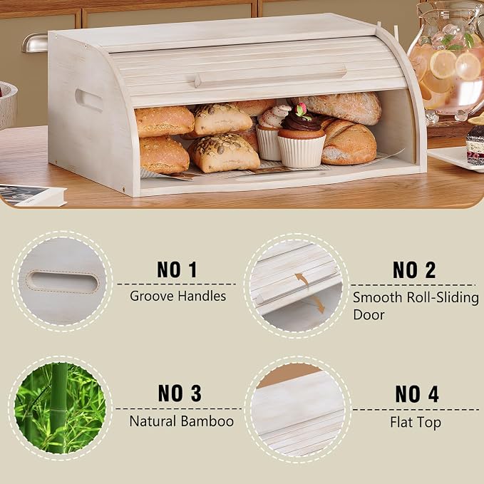 Trironsun Bamboo Roll Top Bread Box for Kitchen Countertop Large Capacity Bread Storage Bin Wooden Bread Storage Organizer Natural Breadbox for Food Storage (Antique white) - Image 8
