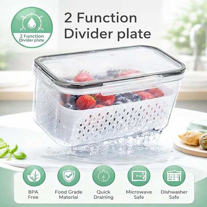 4-in-1 Produce Saver Containers - Fresh Berry Keeper with Removable Colander & Airtight Lid - Stackable Fruit and Vegetable Fridge Organizer Bins - BPA-Free Plastic Food Storage (2pcs) - Image 4