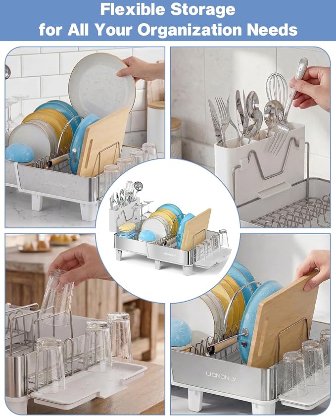 Dish Drying Rack, 304 Stainless Steel Expandable Dish Rack with Adjustable Drain Spout, Large Capacity Dish Drainer with Utensil Holder, Cup Holder and Cutting Board Rack for Kitchen Counter, White - Image 7