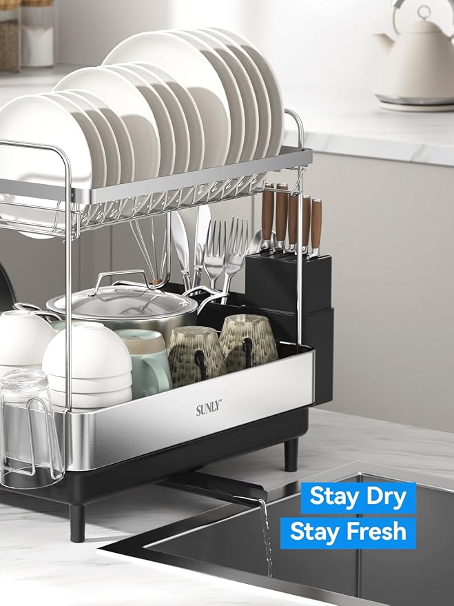 2 Tier Dish Drying Rack, Extra Large Dish Rack, Expandable Dish Racks for Kitchen Counter, Multifunctional Large Dish Drainers for Kitchen Counter, Black - Image 7