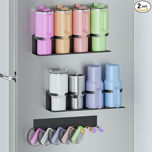 Max Capacity 8-Cup (2x4) Magnetic Stanley Cup Holder for Stanley & Yeti Tumblers (20/30/40oz) – Holds 4 Water Bottle Each, Tumbler Organizer with 7 Hooks for Kitchen Fridge & Metal Surfaces by HelloHelenDesign