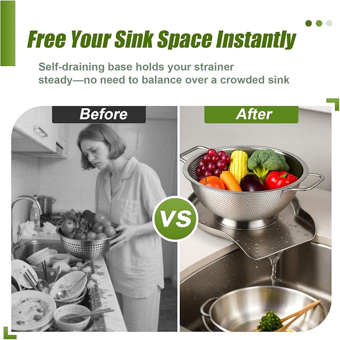 Palksky Colander and Strainer Self Drainer Base Plate Stainless Steel for Kitchen, Metal Countertop Draining Tray for Pasta Rice Noodle Fruit Veggie Food Strainer & Ceramic Colander - Image 4