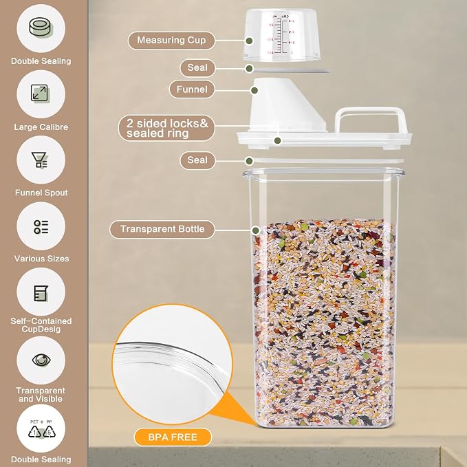 Air Tight Cereal Container Organizer Set of 6 - 1800ML & 2300ML Total 417oz, Dry Food Storage for Pet Food, Rice, Oatmeal with Pour Spout Lid and Plastic Small Measuring Cup for Flour and Sugar - Image 4