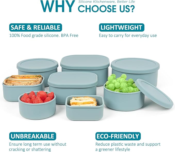 100% Silicone Food Storage Containers with Lids, 8 Pack, 10oz to 51oz, Reusable Leakproof Nesting & Stackable Silicone Bento Lunch Box, Microwave Freezer Dishwasher Oven Safe, BPA Free, Slate Green - Image 3